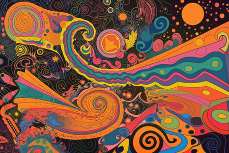 vintage psychedelic poster with trippy geometric patterns, stars and swirling colors, created with generative aiの素材