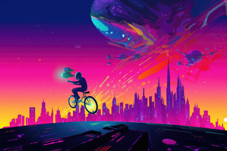 alien riding flying bicycle through futuristic cityscape, created with generative aiの素材
