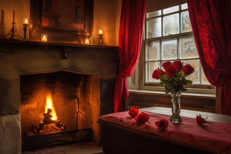 a cozy room with red roses and a fireplace, created with generative aiの素材