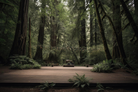 outdoor dance floor surrounded by towering trees in a forest, created with generative aiの素材
