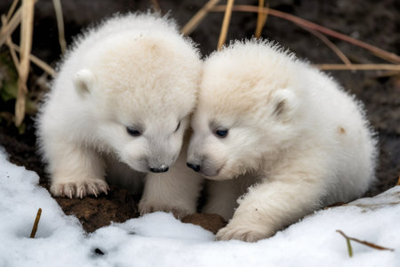 two white polar bear cubs wrestle in the snow, their small claws digging into the soft fluff, created with generative aiの素材