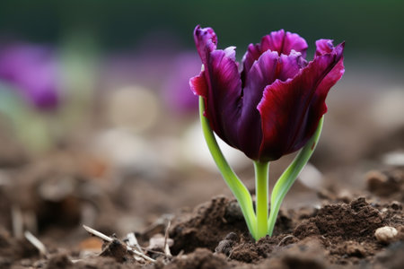 closeup of a purple tulip flower growing in the earth outdoors, created with generative aiの素材