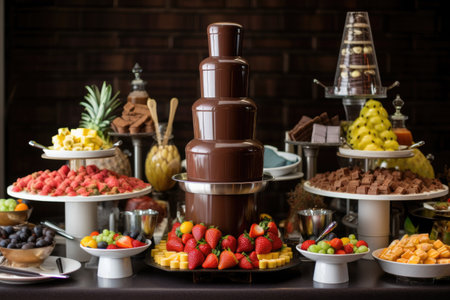 chocolate fountain surrounded by wide variety of fresh fruit, marshmallows and other sweet treats for great dessert presentation, created with generative aiの素材