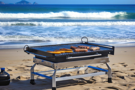grill on the beach, with blue waves in the background and warm breeze, created with generative aiの素材
