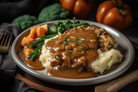 plant-based and vegan take on classic comfort food, with mashed potatoes and gravy, created with generative aiの素材