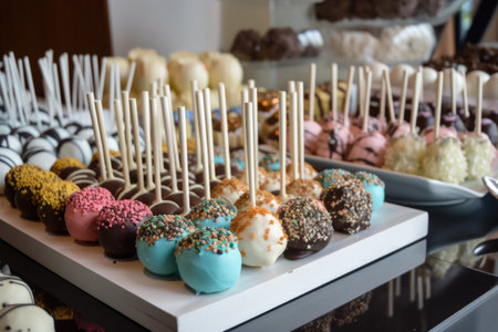cake pop buffet featuring variety of cake pops in different flavors and colors, created with generative aiの素材