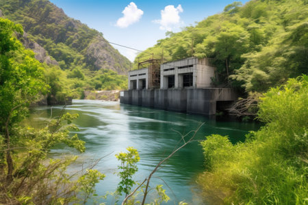 remote hydroelectric power plant, surrounded by lush greenery and clear waters, created with generative aiの素材