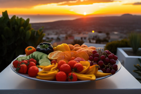 plate of colorful fruits and vegetables, with view of warm sunset, created with generative aiの素材