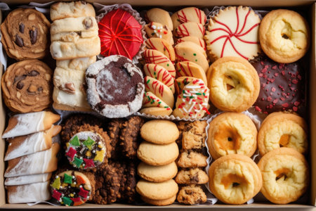 bakery case filled with assorted holiday cookies and pastries, created with generative aiの素材