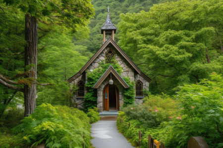 peaceful chapel surrounded by lush greenery in the mountains, created with generative aiの素材