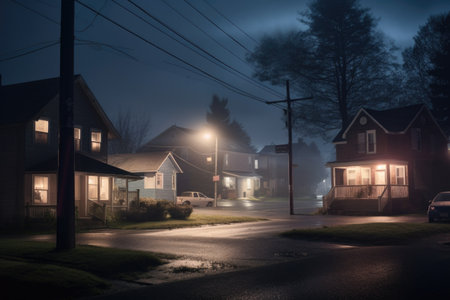 nighttime scene, with streetlights and homes in view, creating a tranquil and peaceful atmosphere, created with generative aiの素材