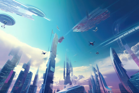 abstract and surreal landscape with futuristic cityscape of towering skyscrapers, flying cars, and advanced technology, created with generative aiの素材