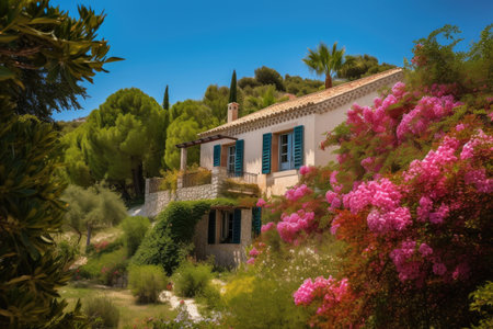 mediterranean house surrounded by lush greenery and blooming flowers, created with generative aiの素材
