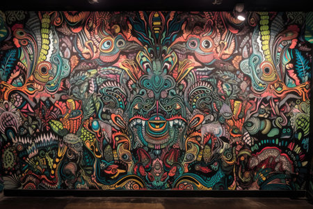 alien graffiti mural, with intricate and abstract shapes and patterns, created with generative aiの素材