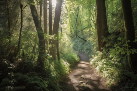 hiking trail through lush forest, with sunlight filtering through the trees, created with generative aiの素材