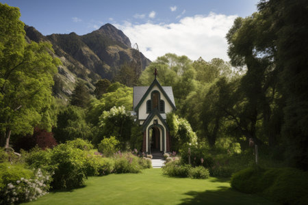 chapel surrounded by lush greenery, with mountains in the background, created with generative aiの素材