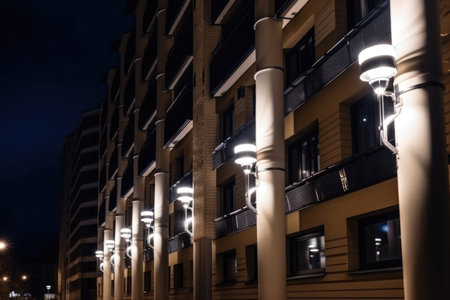 downpipes with integrated lighting system in the night cityscape, created with generative aiの素材