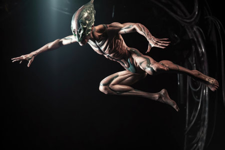 alien athlete leaping high into the air, performing incredible acrobatic feat, created with generative aiの素材