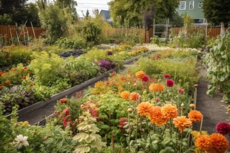 a community garden with blooming flowers and vegetables, providing a vibrant contrast against the greenery, created with generative aiの素材