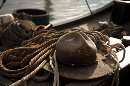 cowboy hat and rope on fishing boat, with the ropes ready for a big catch, created with generative aiの素材