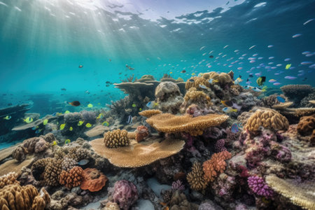coral reef with schools of colorful fish swimming among the corals, created with generative aiの素材