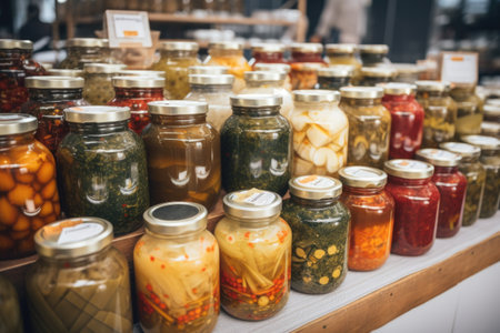 fermented foods market, showcasing variety of pickles, kimchi, and other flavors, created with generative aiの素材