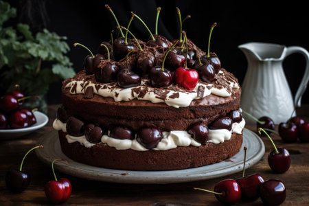 chocolate cake with fluffy frosting and cherry on top, created with generative aiの素材