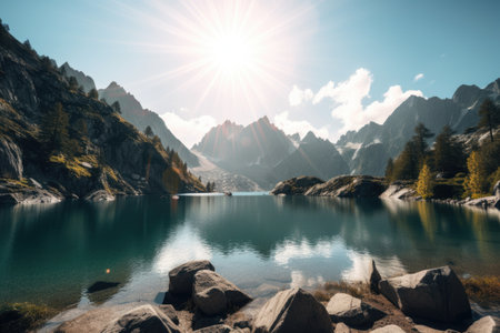 summer sun shining on alpine lake, surrounded by majestic peaks, created with generative aiの素材