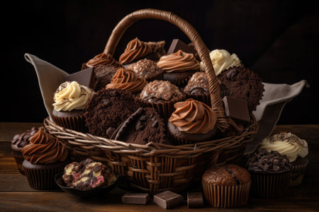 basket filled with assorted chocolate cupcakes of different flavors, shapes, and sizes, created with generative aiの素材