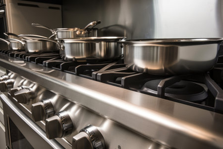 close-up of stainless steel range, with pots and pans in view, created with generative aiの素材