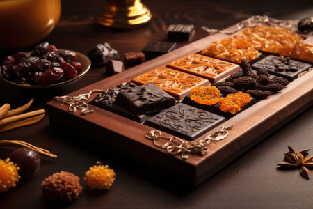 intricately detailed chocolates with dried fruit, nuts, and spices as accents, created with generative aiの素材