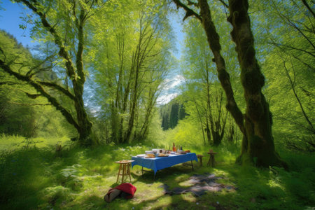 picnic in lush forest, with blue skies and birds singing, created with generative aiの素材