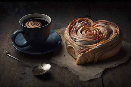 heart-shaped cinnamon roll next to cup of coffee, ready for breakfast, created with generative aiの素材