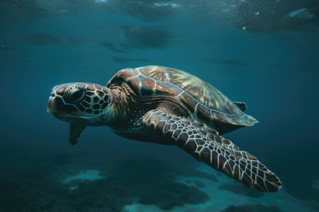 sea turtle swimming in the open sea, with its powerful flippers and sleek body visible, created with generative aiの素材