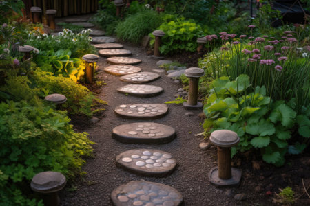 diy garden path with stepping stones and lanterns, created with generative aiの素材