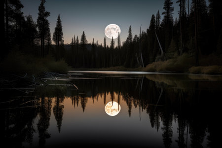 a full moon, shining over a calm lake, created with generative aiの素材