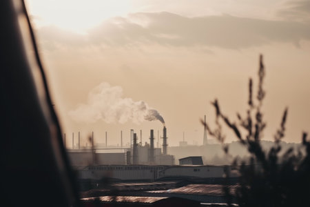 blurry shot of factory smokestacks, with pollution visible against the sky, created with generative aiの素材