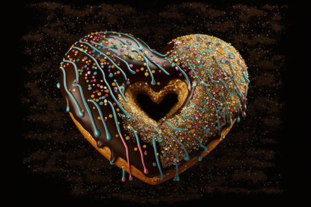 heart-shaped donut with glittery sprinkles and heart-shaped chocolate drizzle on black background, created with generative aiの素材