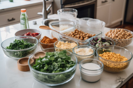 meal prep session with bowls, measuring cups, and ingredients in view, created with generative aiの素材