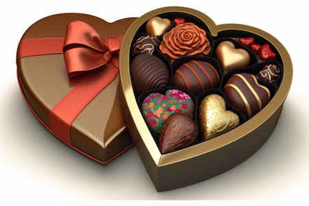 heart-shaped box of assorted chocolates or truffles, with a ribbon and bow on top, created with generative aiの素材