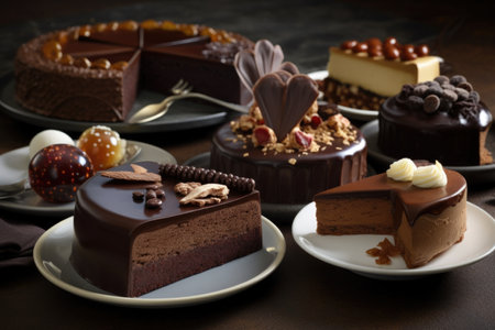 collection of chocolate cakes and desserts on plate, showing variety of shapes and flavors, created with generative aiの素材