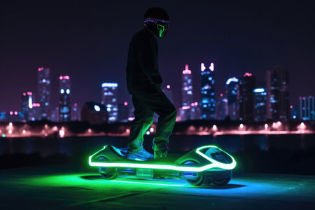 alien on hoverboard, with the lights of the city in the background, created with generative aiの素材