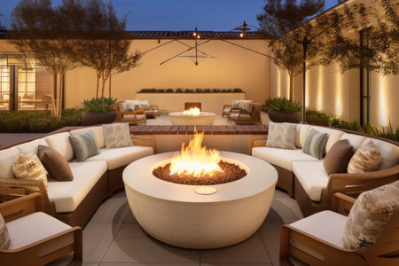 outdoor lounge area with plush seating and firepit for cozy evenings, created with generative aiの素材
