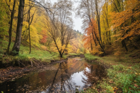 autumn forest hike with colorful foliage, tall trees and rivers, created with generative aiの素材