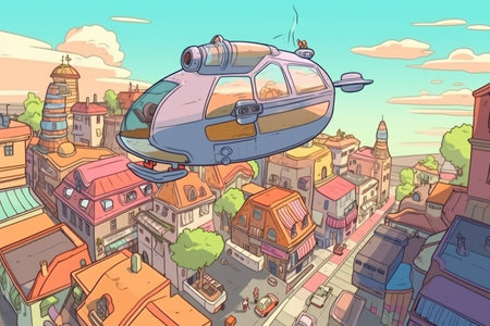 humongous spaceship floating above futuristic city with flying cars and hoverboards in the streets, created with generative aiの素材