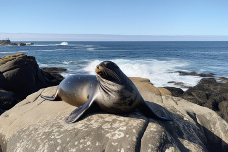 pinniped sunning on rocky shore, with view of ocean in the background, created with generative aiの素材