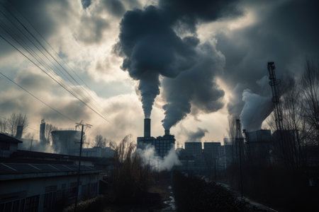 toxic cloud of pollution hanging over factory, with visible effects on the environment, created with generative aiの素材