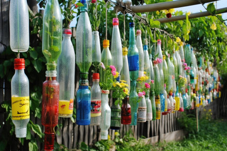 creative diy garden project with recycled materials, such as old bottles and cans, created with generative aiの素材