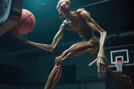 alien basketball player jumping for slam dunk with his long, spindly legs in the air, created with generative aiの素材