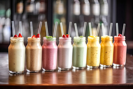 row of smoothies and shakes in restaurant, each with different flavor, created with generative aiの素材